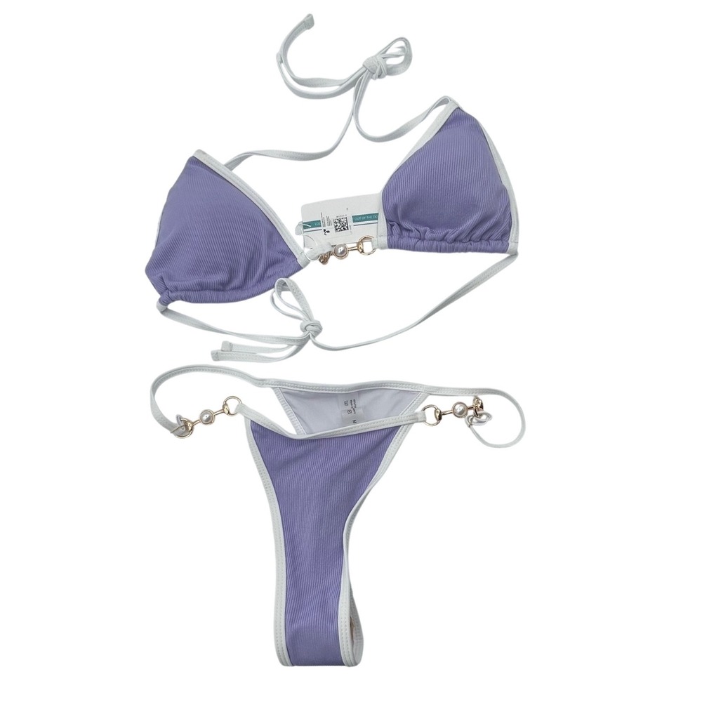 Tashehe Lavender Ribbed Triangle Bikini Set with Pearl Gold Hardware Size M NWT